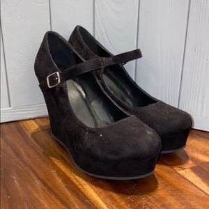 Black Suede Mary Jane Wedges